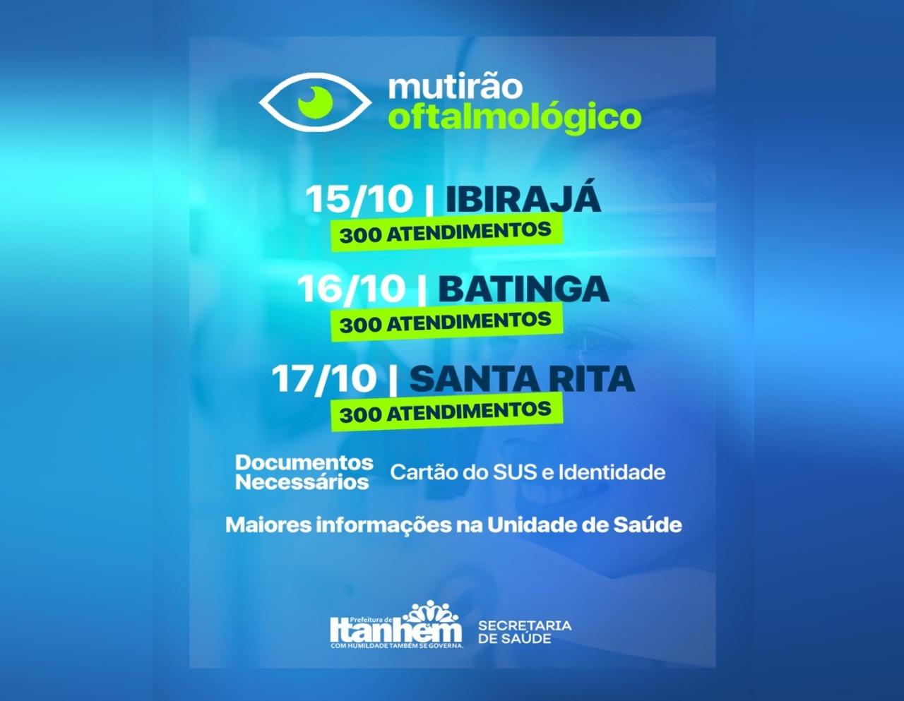 Prefeitura de Itanhém fará mutirões de oftalmologia nos distritos de Ibirajá, Batinga e Santa Rita