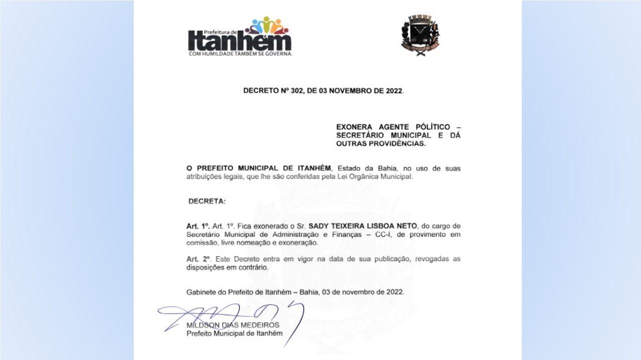Prefeito demite secretário da Administração e Finanças de Itanhém, Sady Neto