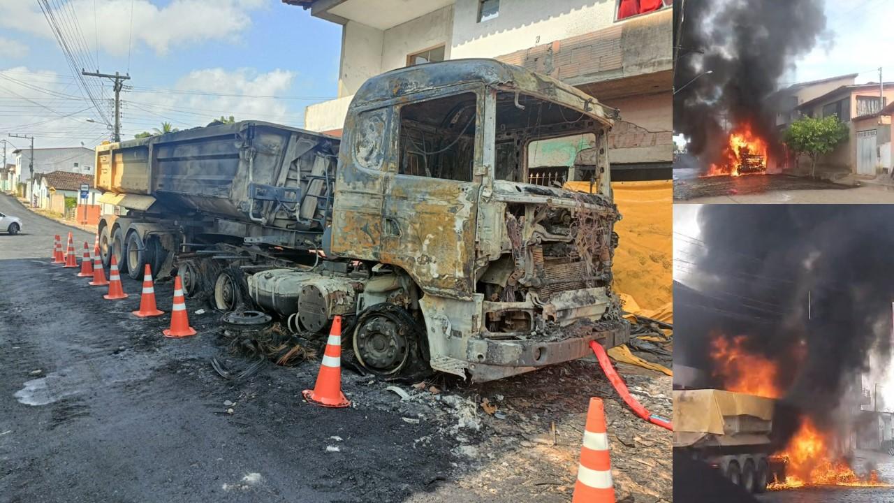 Caçamba que fazia pavimentação asfáltica pega fogo em Itanhém e causa danos a residências