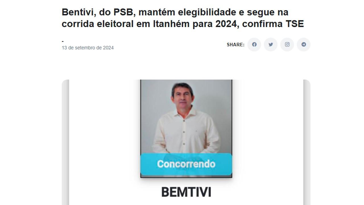 Confirmação de elegibilidade de Bentivi pelo TSE é uma fake news muito baixa