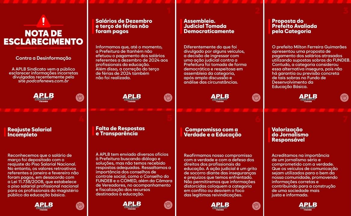 APLB Sindicato de Itanhém denuncia desinformação de site controlado pela prefeitura em nota pública