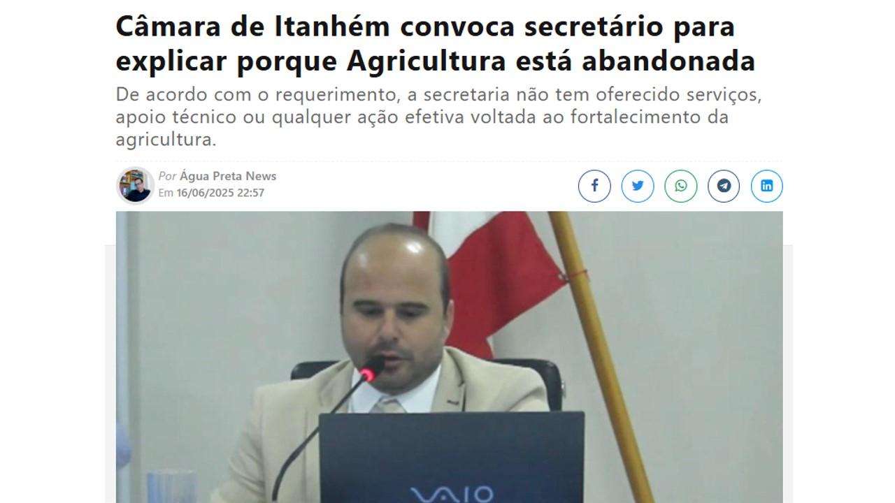 Leitor enaltece postura independente de Paulinho na Câmara de Itanhém; “É um presidente diferente”