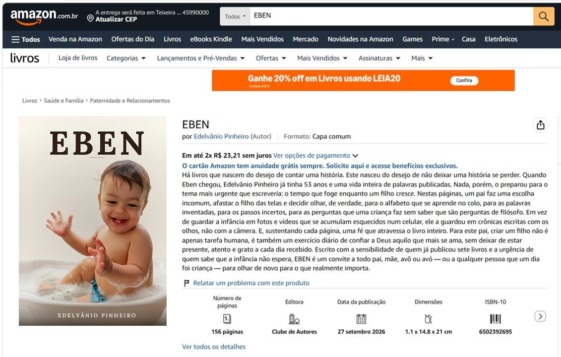 EBEN, novo livro de Edelvânio Pinheiro, chega à Amazon